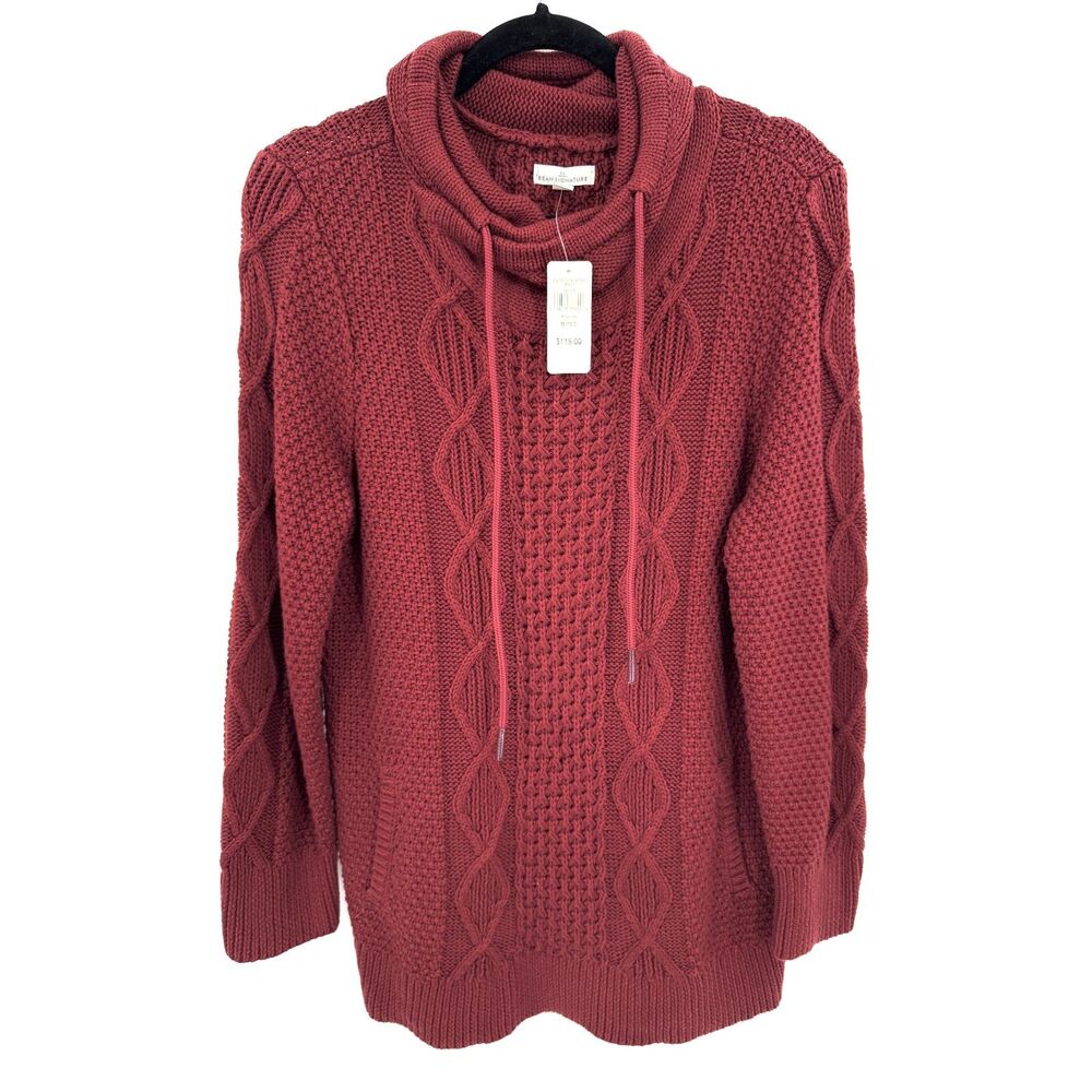NWT LL BEAN Maroon Signature Funnelneck Cable Knit Pullover Sweater Size MP M
